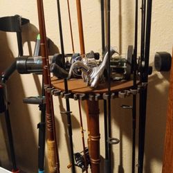 Fishing Pole Display With6 Trout Rods,1 Fly Rod, 2 Steelhead ,Salmon Rods,3 Level wind Steelhead Salmon Reels And 1 Trout Spinning Reel 225 Cash 