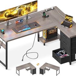 L Shaped Desk with 4 Tier Drawers, 53" Reversible Gaming Desk with Power Outlets, L Shaped Computer Desk with USB Charging Port and Host Sta