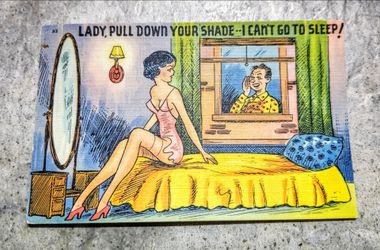 Vintage Linen Post Card -# 66029-33 • Lady, Pull Down Your Shade , I Can't
 Sleep • This Post Card Is Vintage From The 1940's Era . This Post Card Is 