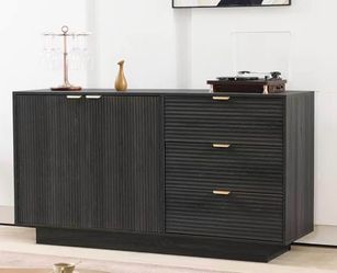 Black Fluted Sideboard Buffet | 2 Doors + 3 Drawers | Gold Handles | 55” Wide