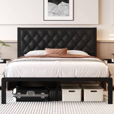 New FULL Size Metal Platform Bed Frame with Button Tufted Faux Leather Upholste - 75