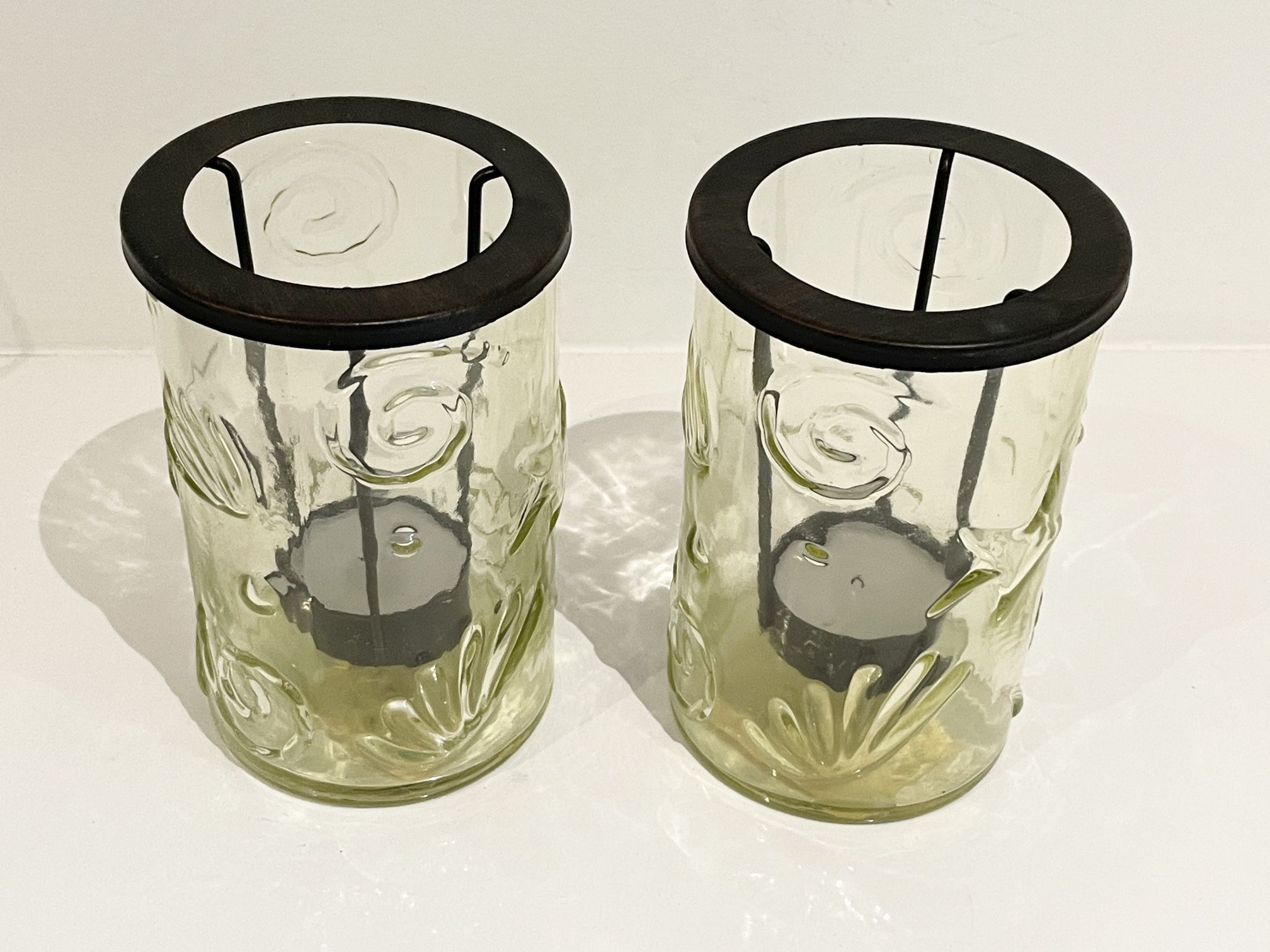 Glass Tea Light Candle Holder Lantern 3D Texture - Bronze Metal - 5” x 3”