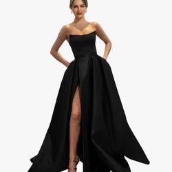 Long Strapless Satin Prom Dress Sleeveless Slit Evening Ball Gown with Pockets Bla