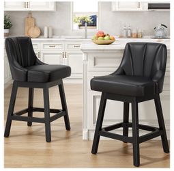 New Set of 2 Reoney 26” Swivel Bar Stool Chairs in Black PU Leather & Solid Wood Legs