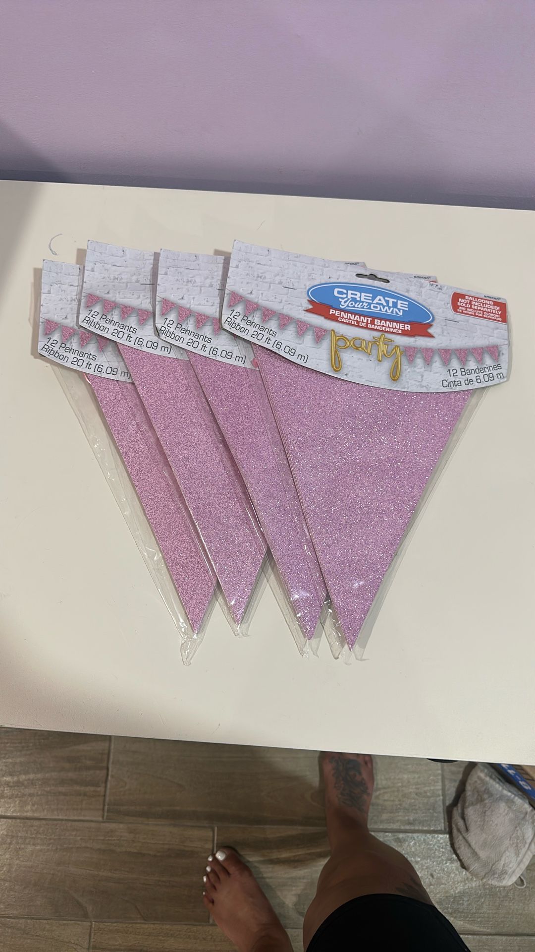 Pink Glitter Pennant Banner (qty 4)