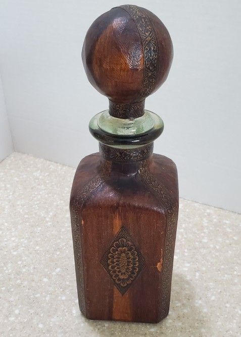 Decanter Brown Leather Wrapped Glass Bottle Made In Italy