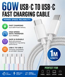 3pc - 60W USB-C to USB-C Fast Charging Cable 1M Braided PD Charger 480Mbps Data