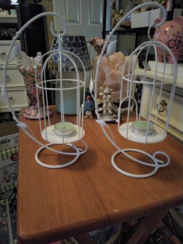 2 White Bird Cage Candleholders