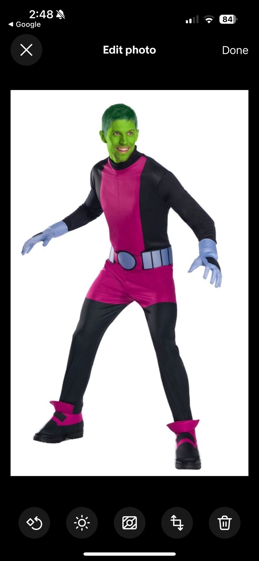 Beast Boy Adult X-Large (44-46), Men’s Halloween Costume Titan Beast Boy 3 Pc Set New with tags, includes jumpsuit with attached shoe covers, belt, gl