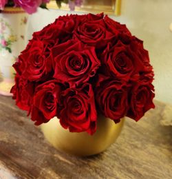 Forever Real Red Roses in a Brass Bowl. A gift that will never wilt!