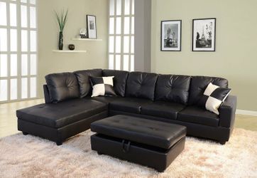 Black Leather Section Sofa with Ottoman Living Room Furniture