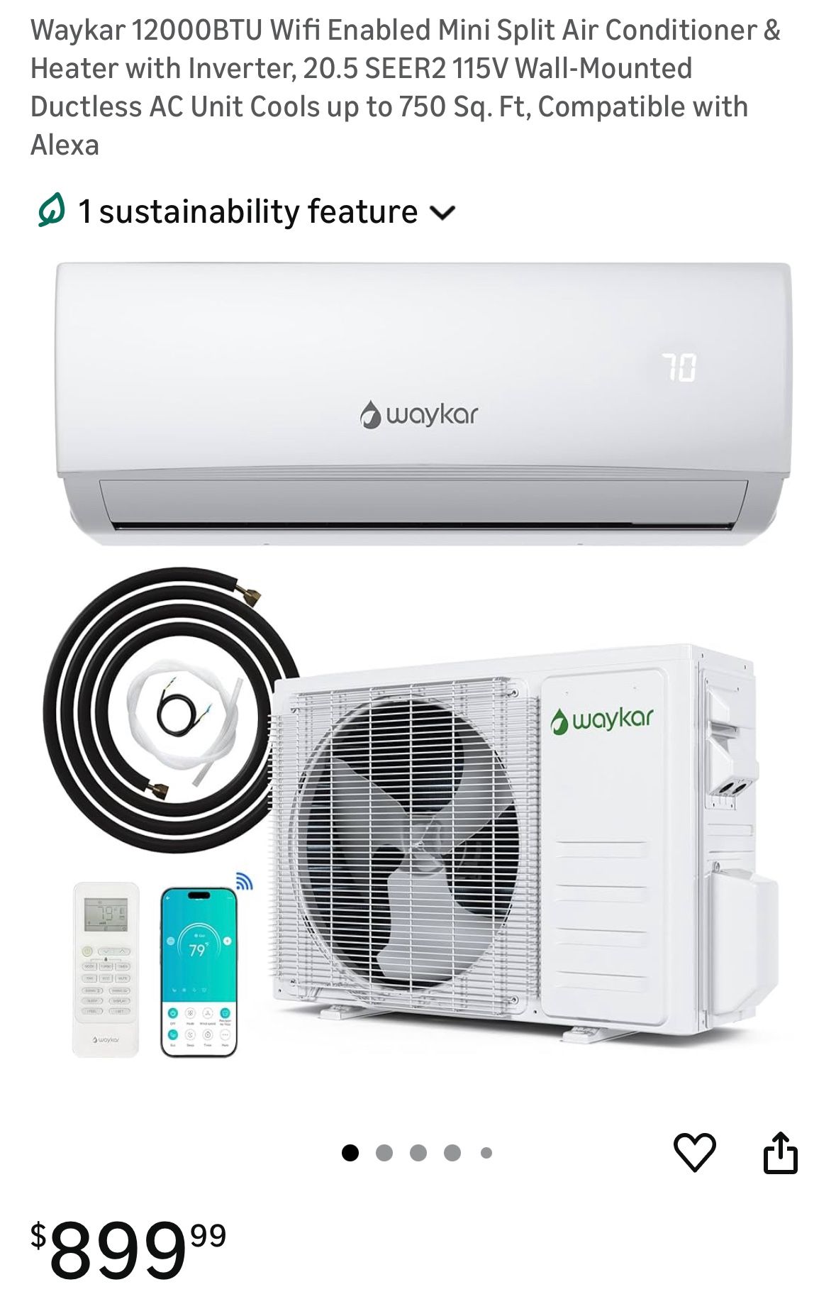 Waykar 12000BTU Wifi Enabled Mini Split Air Conditioner & Heater with Inverter, 20.5 SEER2 115V Wall-Mounted Ductless AC Unit Cools up to 750 Sq. Ft, 