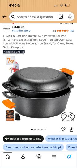 TLGREEN 7QT Cast Iron Dutch Oven Pot with Skillet Lid, Silicone Holders