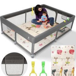 Brand New Baby Playpen with Mat Included - Durable Baby Play Yard with 2 Playpen Pull Up Rings, 2 Toy Storage Nets, and Non Slip Bottom Suction - Larg