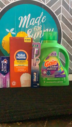1-Detergent 88oz 1-45 trash bag 13 gallons 1-toothpaste 1-toothbrush all for $24