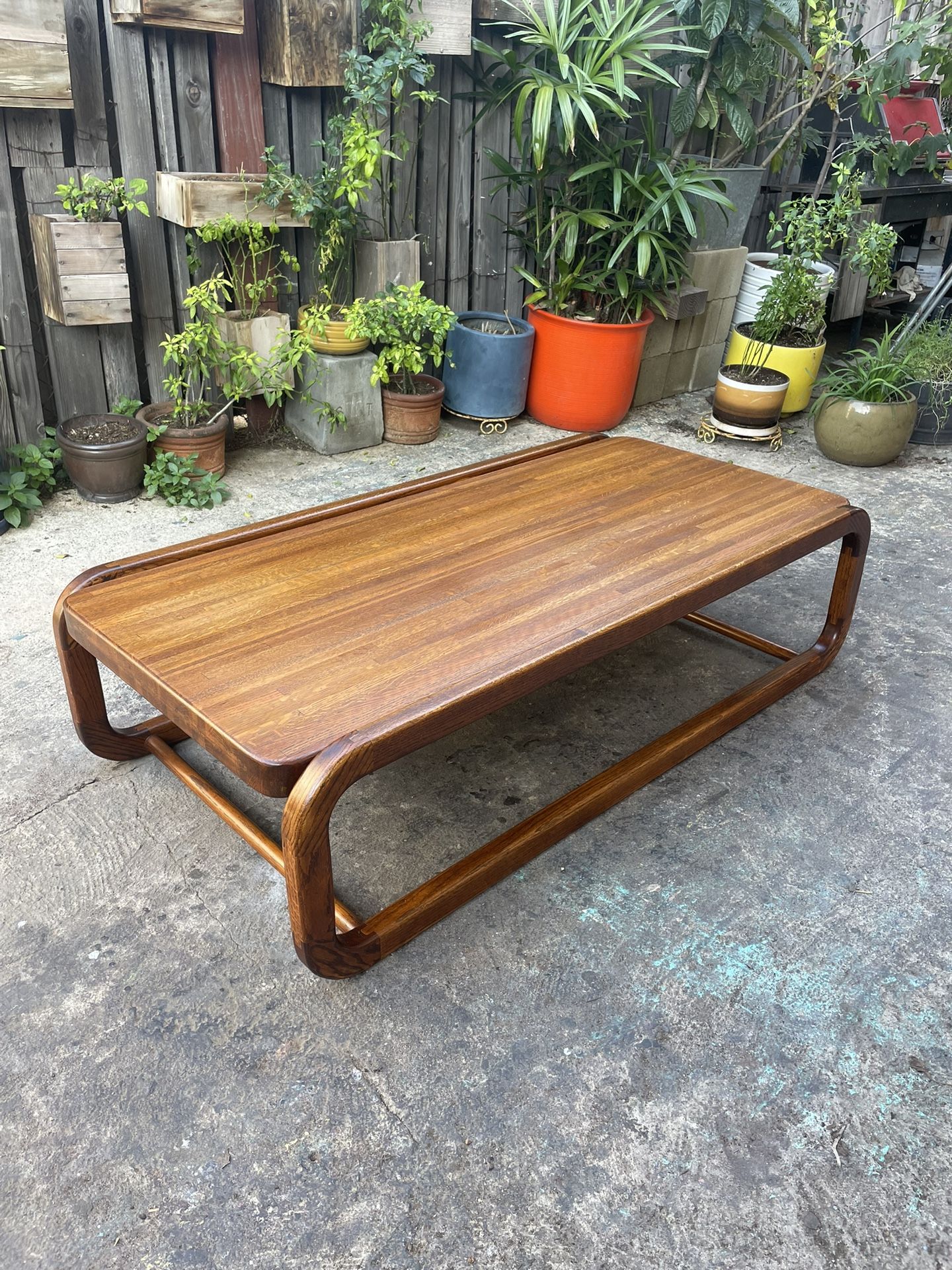 Vintage Postmodern Lou Hodges Style Solid Oak Coffee Table