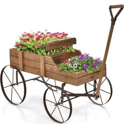 Decorative Garden Planter, Small Wagon Cart with Metal Wheels, Wood Raised Beds Plant Pot Stand for Backyard Garden Patio 24.5"x13.5"x24" (Natural)