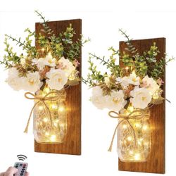 Rustic Wall Sconces Mason Jar Sconces Handmade Wall Art Hanging Design with Remote Control LED Fairy Lights and White Peony,Christmas Decor Gift Farmh