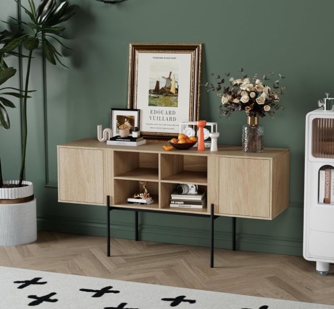 MODERION 55" Adjustable TV Stand Cabinet with 2 Storage Drawers and Open Shelf, Living Room Entertainment Center, Media Console Table, Dresser for Tel