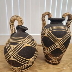 Pottery With Woven Design And Handles