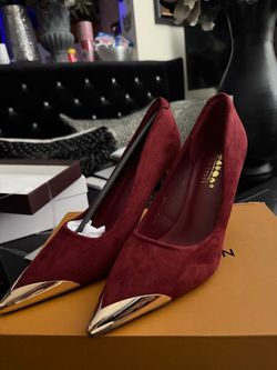 Burgundy Suede Pumps with Gold Metal Toe