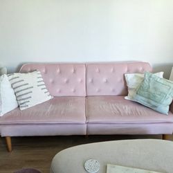 Light Pink Velvet Couch Futon Sleep Bed Loveseat Chair Retro Convertible Funky Furniture Mod Mid Century