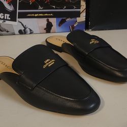 Coach Women's Black Leather Round Toe Samie Slide on Mule Flat Shoes Size 10