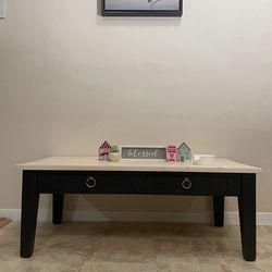 Refinished Solid Wood Coffee Table | Whitewashed Top | Dixie Belle | Gold Ring Hardware