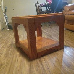 Oak End Table With Glass Top