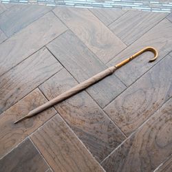 Vintage manual Open Nylon Curved Wood Handle Umbrella