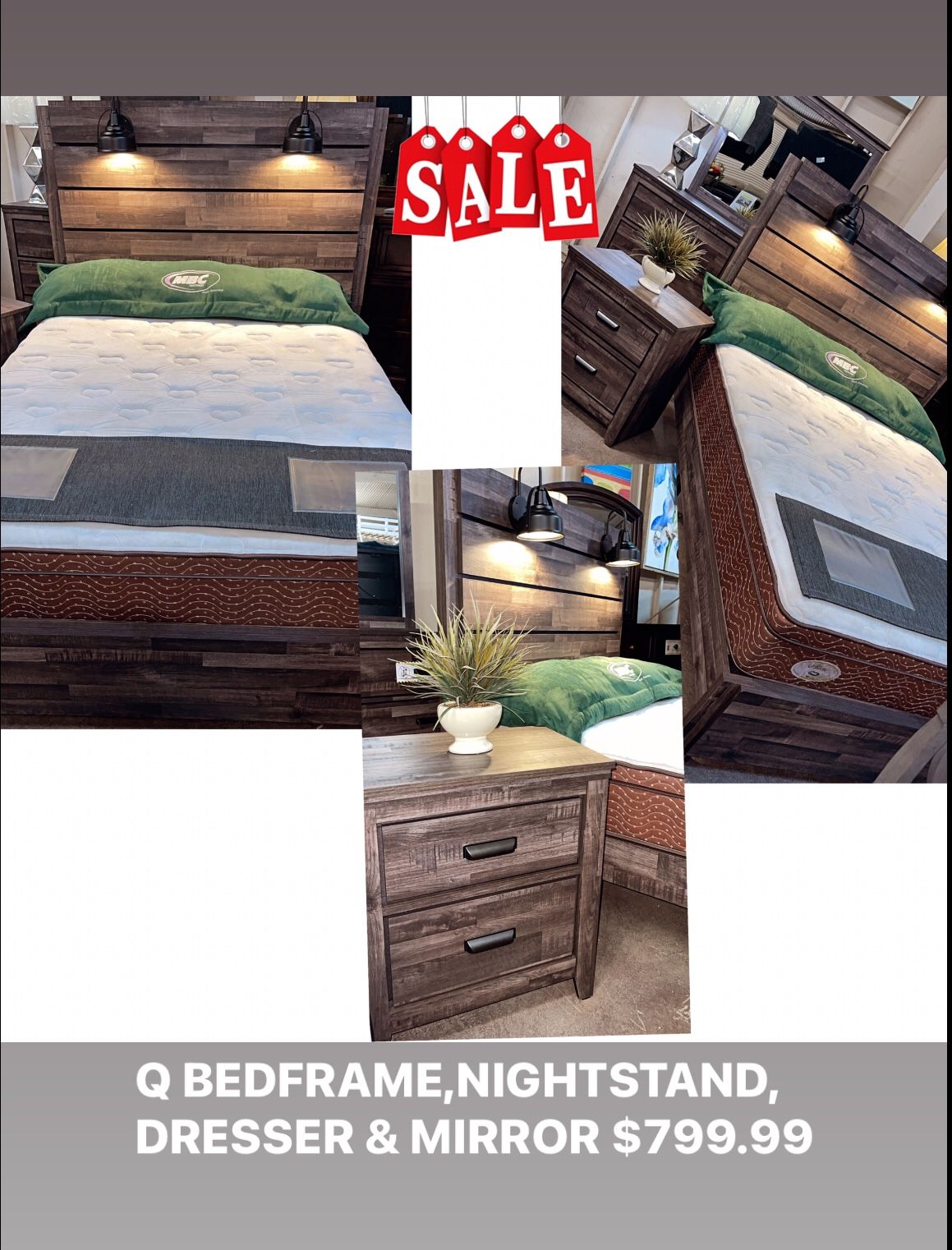 QUEEN BEDFRAME, NIGHTSTAND,MIRROR, DRESSER $799.99