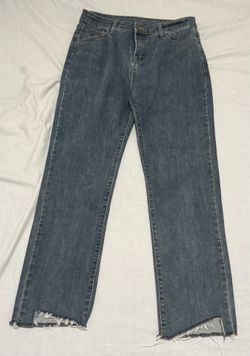 High-Waisted Straight Leg Jeans with Asymmetrical Raw Hem - Size US 10/12