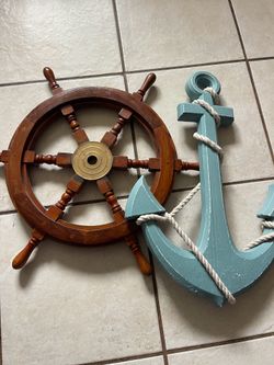 Nautical decor anchor and solid wood ship wheel