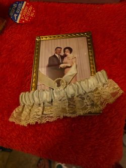 Vintage Ornate Gold Picture Frame & Ivory Lace Wedding Garter Set