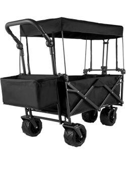 Happbuy Extra Large Collapsible Garden Cart with Removable Canopy, Folding Wagon Utility Carts with Wheels and Rear Storage, Wagon Cart for Garden, Ca