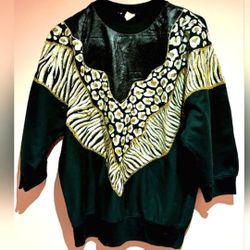 Vintage 80's Black and Gold Glittered Animal Print Butterfly Top Sz M