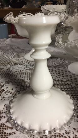 Fenton Milk Glass Candlestick with Clear Furled Edge