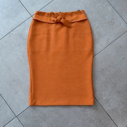 Mixed Burnt Orange Tailored Skirt with Tie Belt – Brazilian Size 44