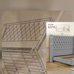 Brand New - Unused - King Size Bed Frame, Velvet Upholstered Platform, Grey