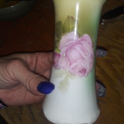 Antique hat pin HOLDER Fine China hand painted Pink Rose RS Germany

