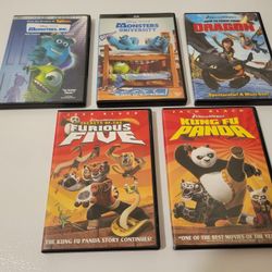 5 DVD Movies: Monsters, Inc., Monsters University. How To Train Your Dragon. Kung Fu Panda, Kung Fu Panda Secrets Of The Furious Five