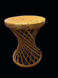 VINTAGE RATTAN WICKER BAMBOO PLANT STAND SMALL CIRCULAR SIDE END TABLE BOHO 