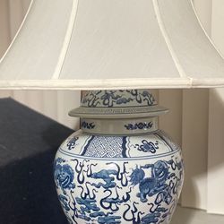 Foo Dog Table Lamp Porcelain Silk Shade