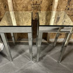 Pair Of Beveled Mirrored Plant Stands / End Tables 