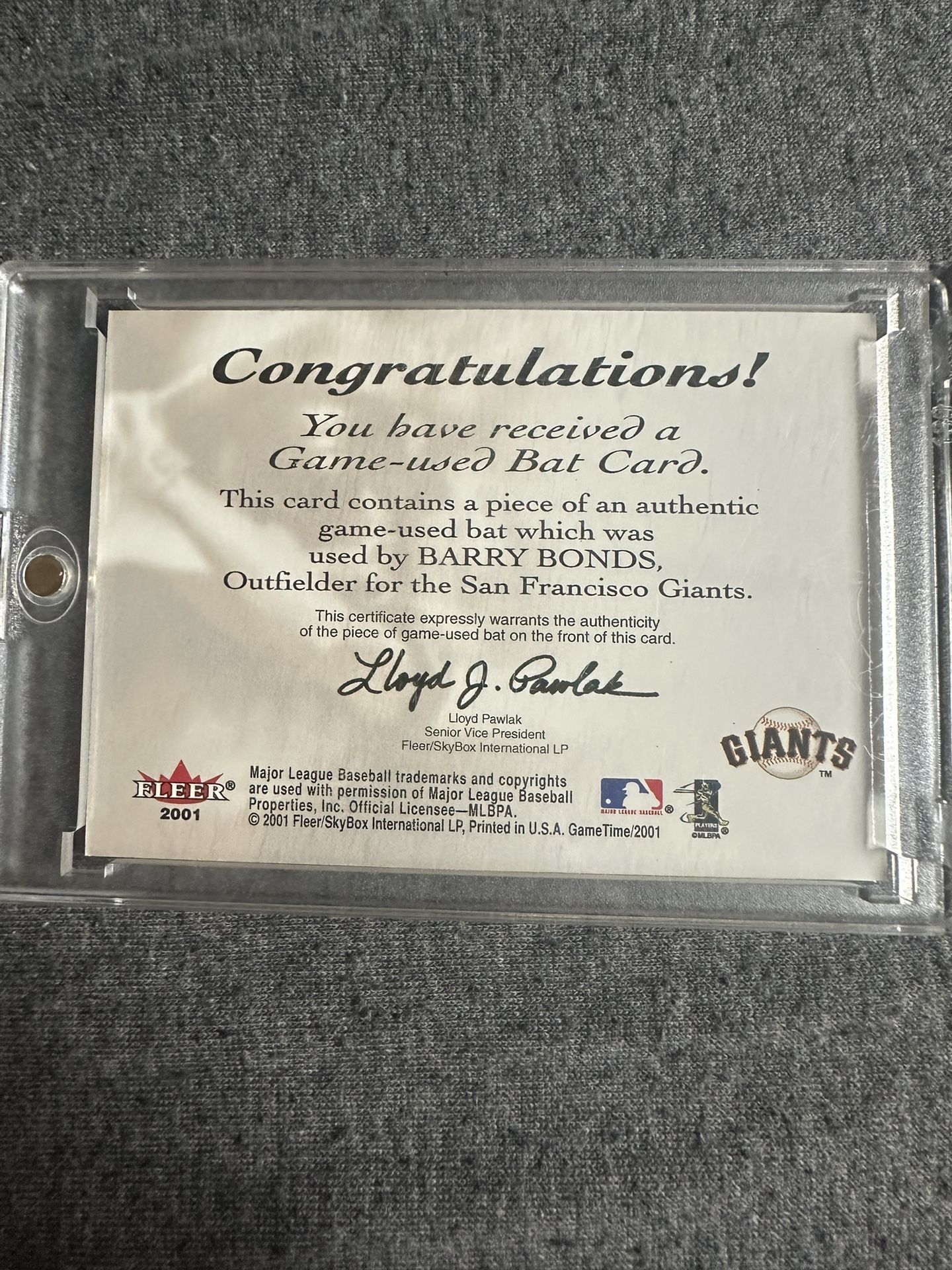 2001 Barry Bonds SF Giants Game Used Bat Card