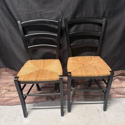 Set of 2 Black Ladder Back Dining Chairs w/ Woven Rush Seats