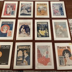 Vintage Sheet Music,  pro framed, 12 total