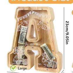 Large Letter Piggy Bank for Kids Boys Girls Wooden Personalized Piggy Banks A-Z with Target Area Clear Alphabet Banknote Coin Banks for Gift Decoratio