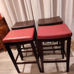 Beautiful Linon Home Counter Barstool ,  Wood Frame , Antique Brass Nailhead, Faux Leather Red And Dark Brown Saddle Seat, 32" in  Height..