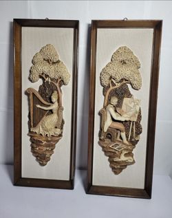 Vintage 3D Relief Wall Art Pair